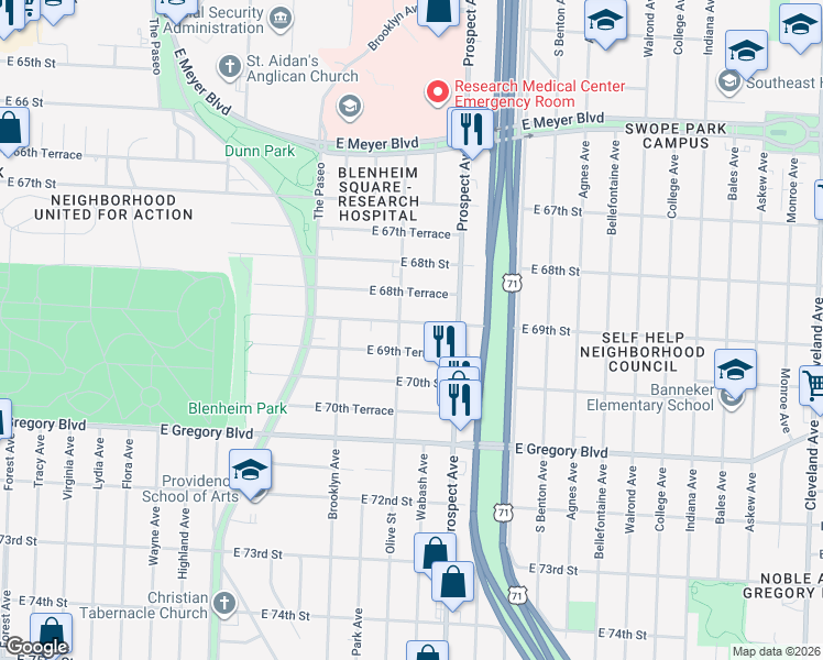 map of restaurants, bars, coffee shops, grocery stores, and more near 2407 East 69th Street in Kansas City