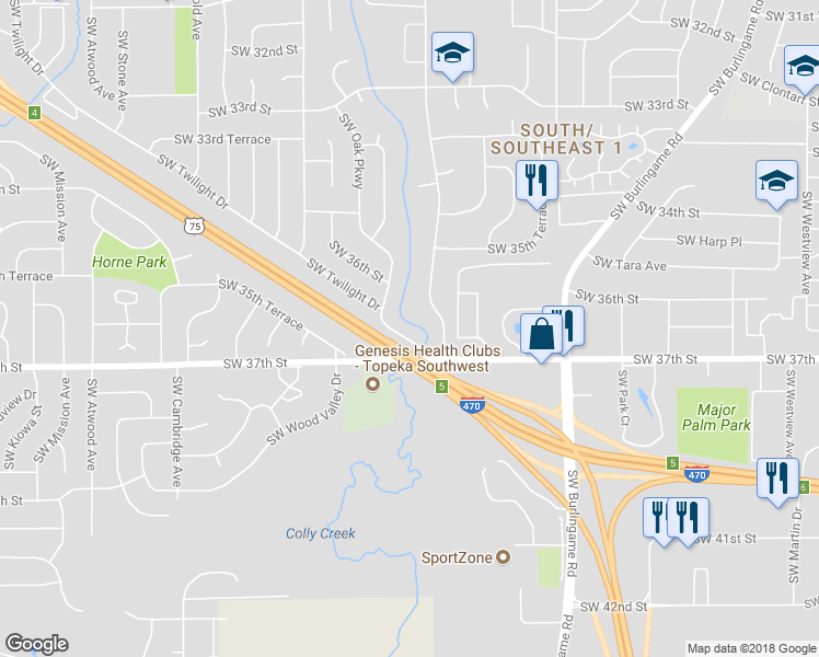 map of restaurants, bars, coffee shops, grocery stores, and more near 3650 Southwest Oak Parkway in Topeka