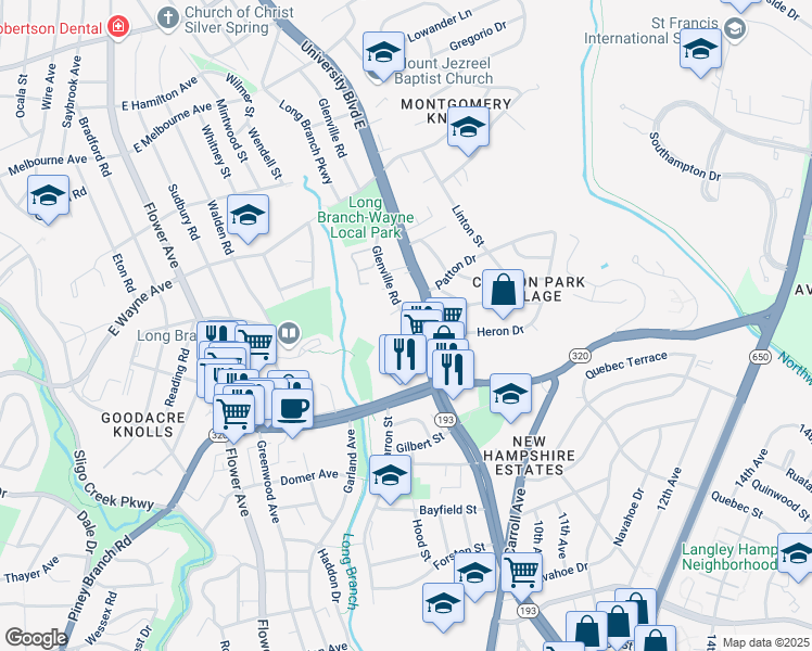 map of restaurants, bars, coffee shops, grocery stores, and more near 8900 Glenville Road in Silver Spring