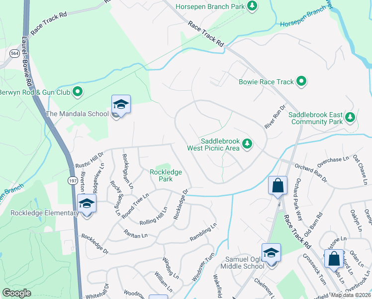 map of restaurants, bars, coffee shops, grocery stores, and more near 8519 River Park Road in Bowie