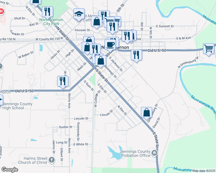 map of restaurants, bars, coffee shops, grocery stores, and more near 209 S State St in North Vernon