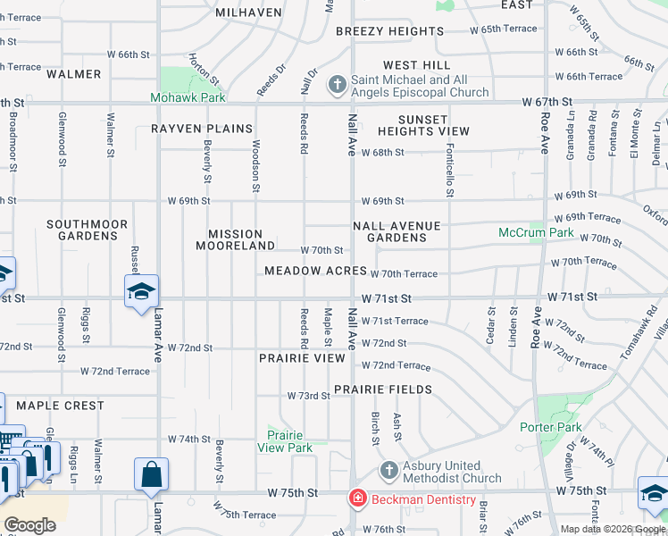 map of restaurants, bars, coffee shops, grocery stores, and more near 5516 West 70th Terrace in Prairie Village