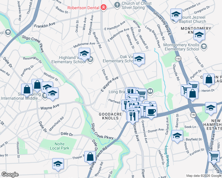 map of restaurants, bars, coffee shops, grocery stores, and more near 100 Plymouth Street in Silver Spring