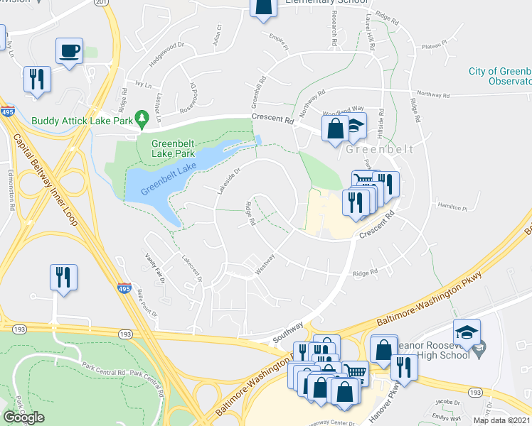 map of restaurants, bars, coffee shops, grocery stores, and more near 4E Crescent Road in Greenbelt