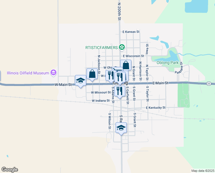 map of restaurants, bars, coffee shops, grocery stores, and more near 200-298 W Main St in Oblong