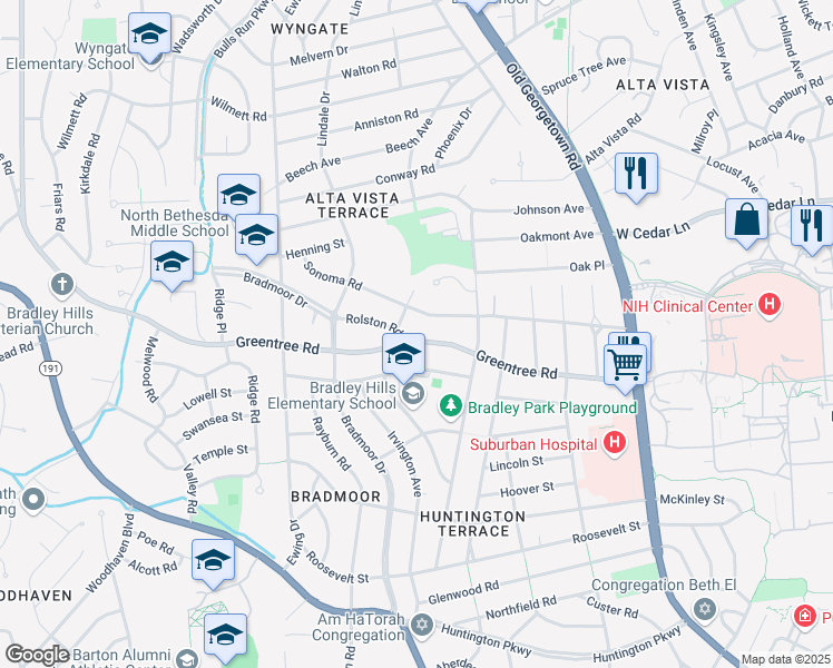 map of restaurants, bars, coffee shops, grocery stores, and more near 5819 Greentree Road in Bethesda