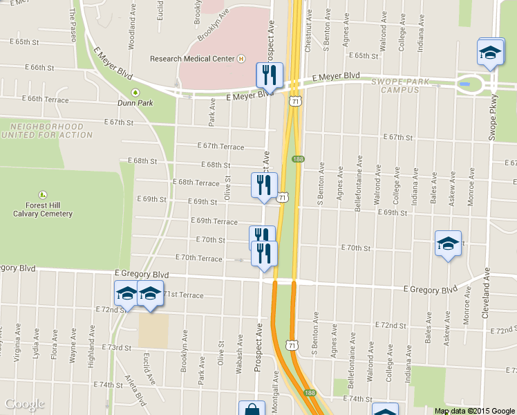 map of restaurants, bars, coffee shops, grocery stores, and more near 6900 Prospect Avenue in Kansas City