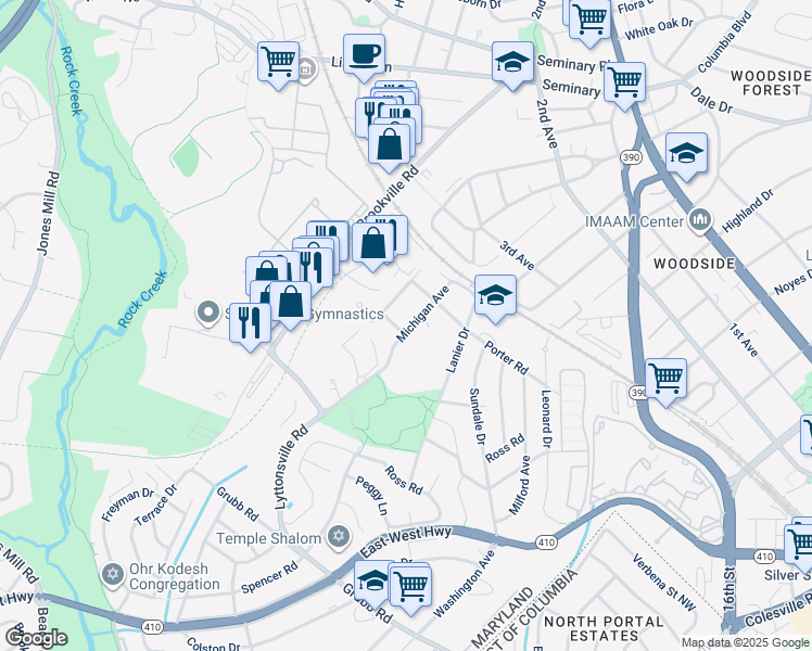 map of restaurants, bars, coffee shops, grocery stores, and more near 2327 Michigan Avenue in Silver Spring