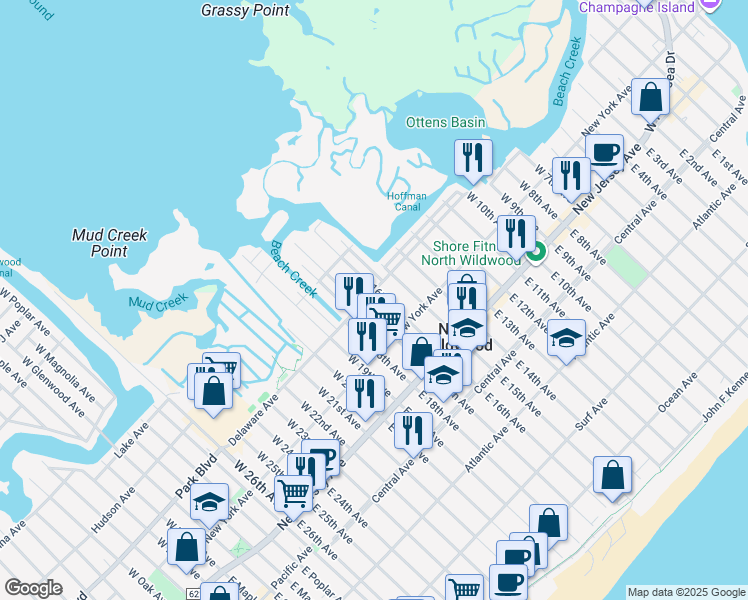 map of restaurants, bars, coffee shops, grocery stores, and more near 1605 Delaware Avenue in North Wildwood