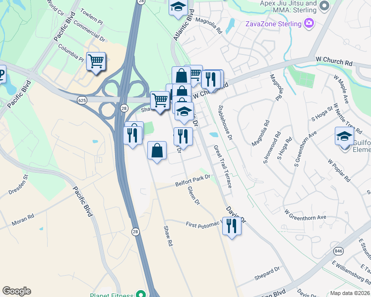 map of restaurants, bars, coffee shops, grocery stores, and more near Gable Square in Sterling