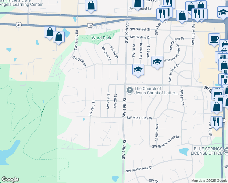 map of restaurants, bars, coffee shops, grocery stores, and more near 1413 Southwest 20 Street in Blue Springs