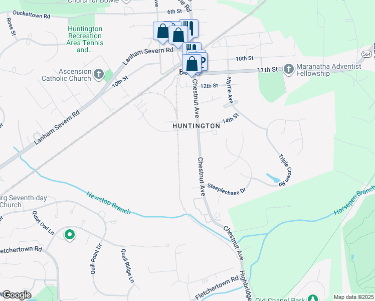 map of restaurants, bars, coffee shops, grocery stores, and more near 8114 Chestnut Avenue in Bowie