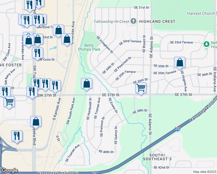 map of restaurants, bars, coffee shops, grocery stores, and more near 3522 Southeast Girard Street in Topeka