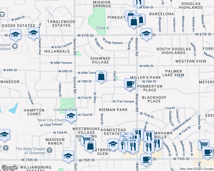 map of restaurants, bars, coffee shops, grocery stores, and more near 11418 West 70th Terrace in Shawnee
