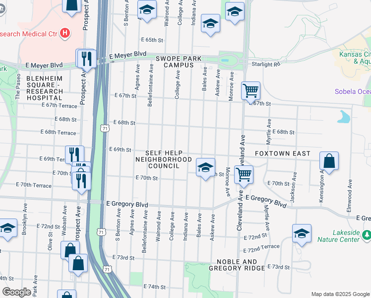 map of restaurants, bars, coffee shops, grocery stores, and more near 6838 Indiana Avenue in Kansas City