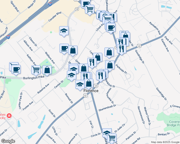 map of restaurants, bars, coffee shops, grocery stores, and more near 259 Main Street in Florence