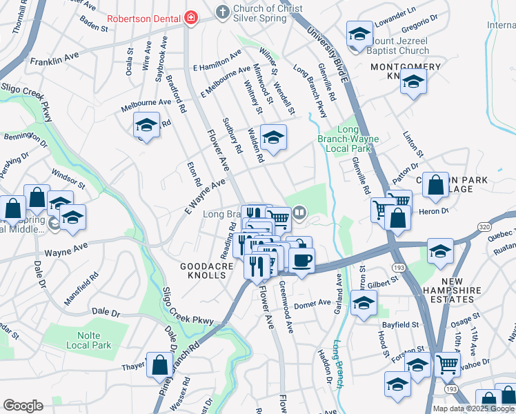 map of restaurants, bars, coffee shops, grocery stores, and more near 307 Plymouth Street in Silver Spring