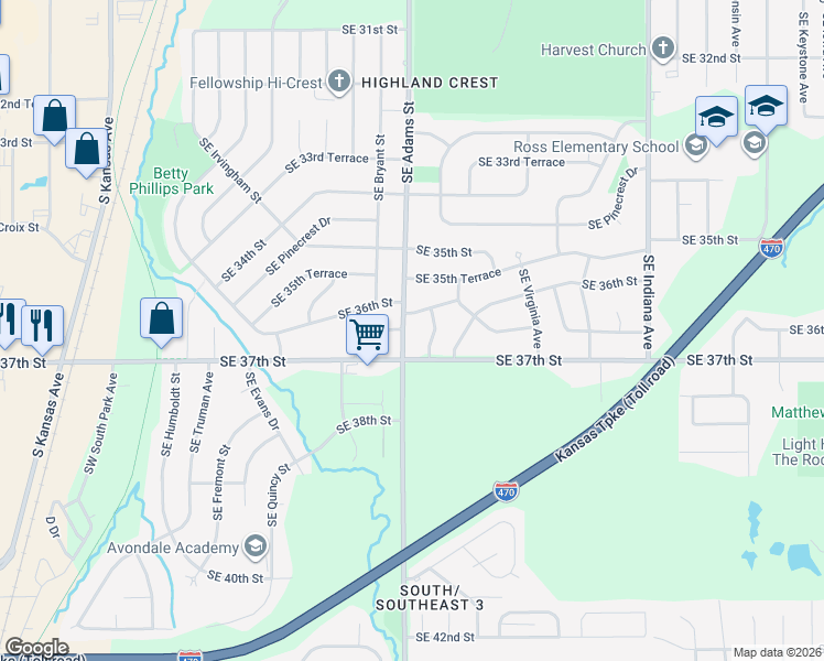 map of restaurants, bars, coffee shops, grocery stores, and more near 3612 Southeast Adams Street in Topeka