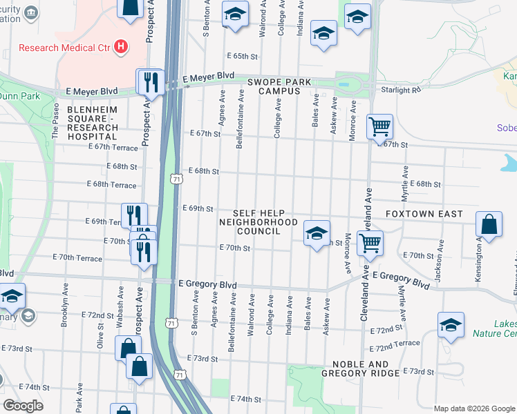 map of restaurants, bars, coffee shops, grocery stores, and more near 3200 East 69th Street in Kansas City