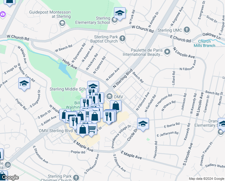 map of restaurants, bars, coffee shops, grocery stores, and more near 102 North Sterling Boulevard in Sterling