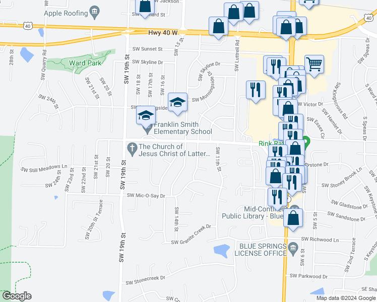 map of restaurants, bars, coffee shops, grocery stores, and more near 1408 Southwest 14 Street in Blue Springs