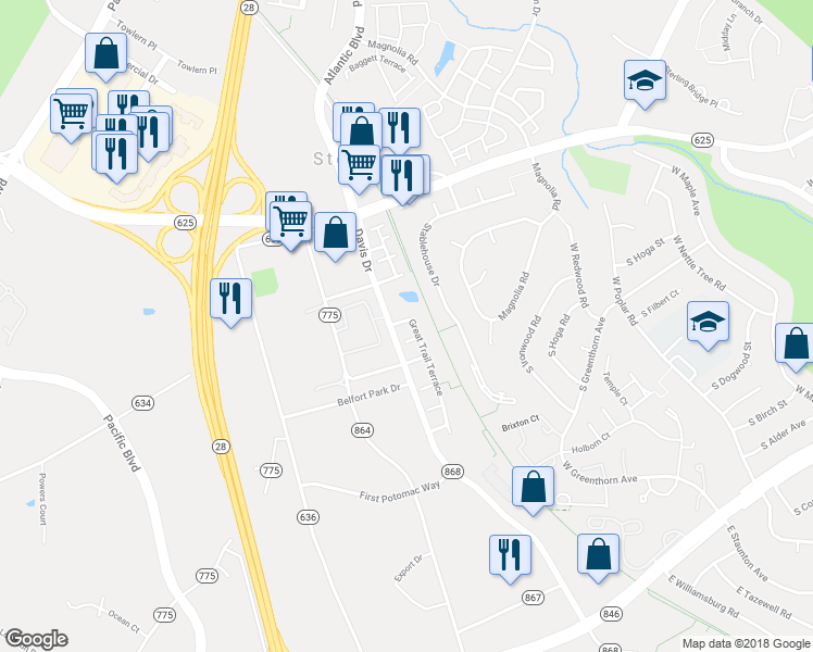 map of restaurants, bars, coffee shops, grocery stores, and more near 22221 Great Trail Terrace in Sterling
