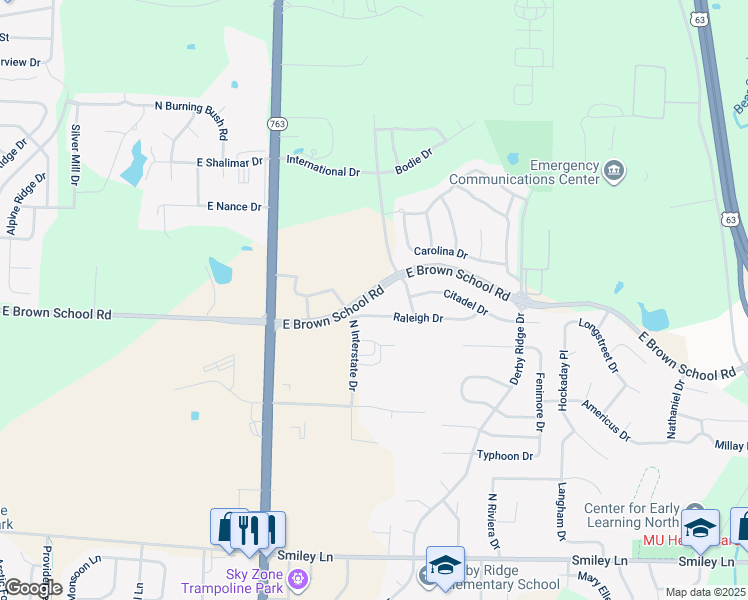 map of restaurants, bars, coffee shops, grocery stores, and more near 1312 East Brown School Road in Columbia