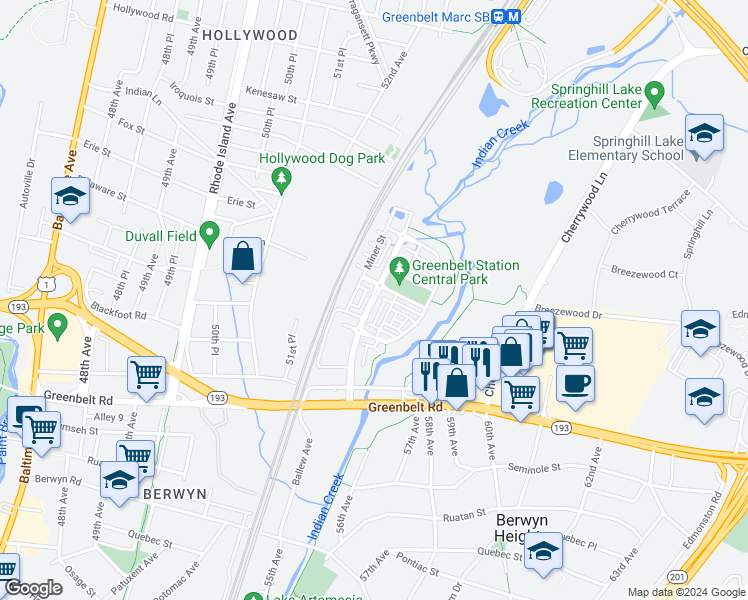 map of restaurants, bars, coffee shops, grocery stores, and more near 8141 Greenbelt Station Parkway in College Park