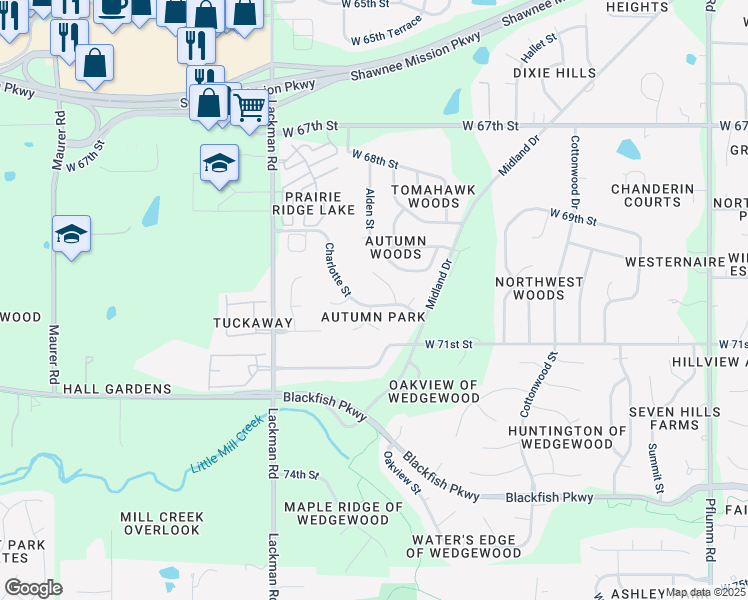 map of restaurants, bars, coffee shops, grocery stores, and more near 14712 West 70th Street in Shawnee