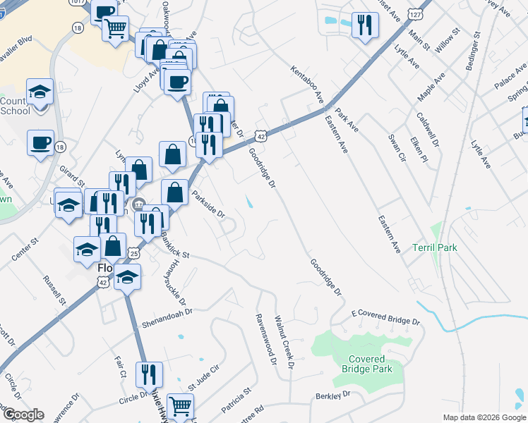 map of restaurants, bars, coffee shops, grocery stores, and more near 184 Langshire Court in Florence