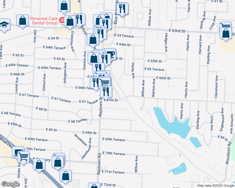 map of restaurants, bars, coffee shops, grocery stores, and more near 6653 Maywood Avenue in Raytown