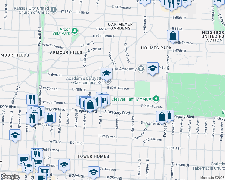 map of restaurants, bars, coffee shops, grocery stores, and more near 441 East 69th Terrace in Kansas City