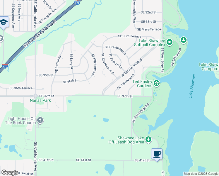 map of restaurants, bars, coffee shops, grocery stores, and more near 2400 Lakeshore Boulevard in Topeka