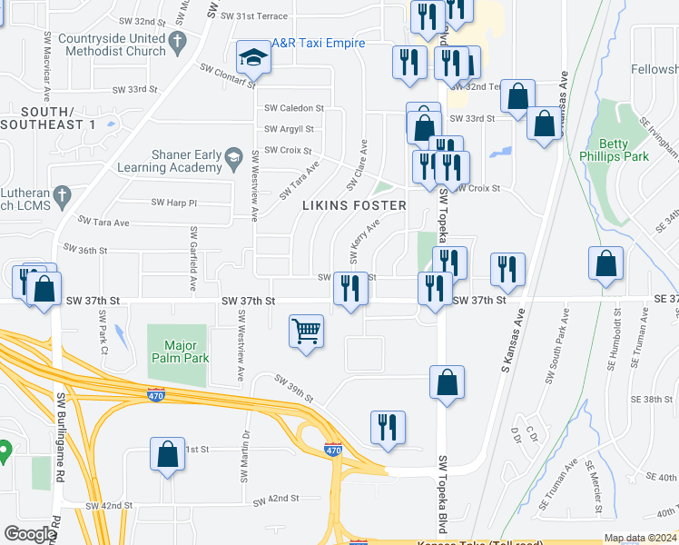map of restaurants, bars, coffee shops, grocery stores, and more near 3644 Southwest Kirklawn Avenue in Topeka