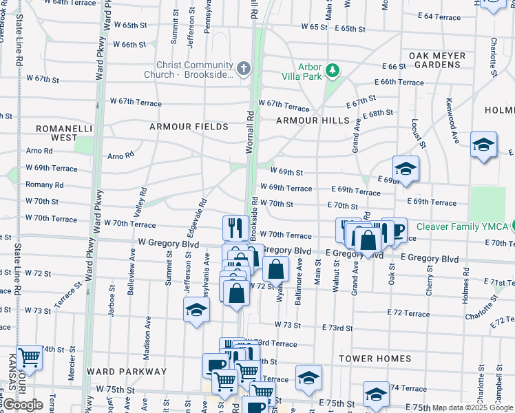 map of restaurants, bars, coffee shops, grocery stores, and more near 7001 Brookside Road in Kansas City