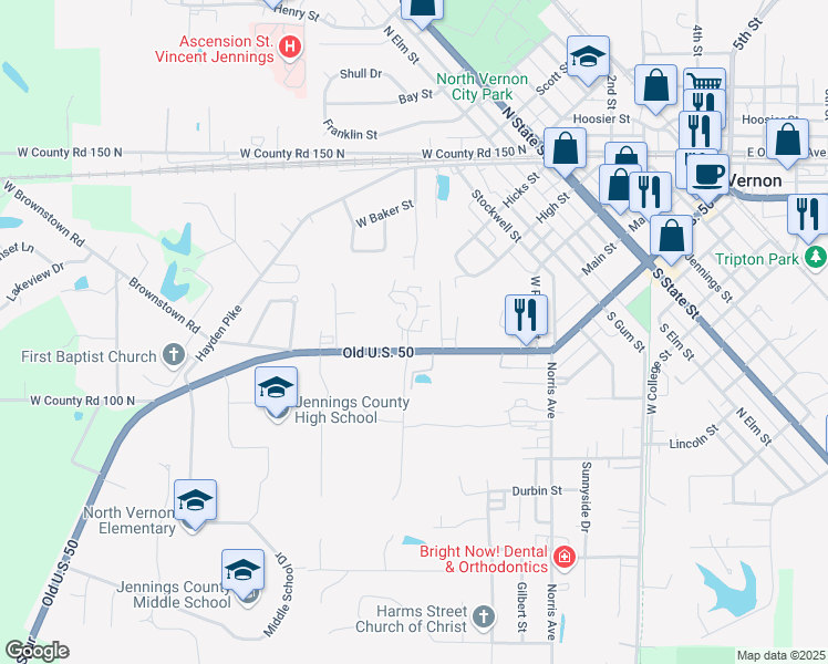 map of restaurants, bars, coffee shops, grocery stores, and more near 416 Oak Meadows Drive in North Vernon