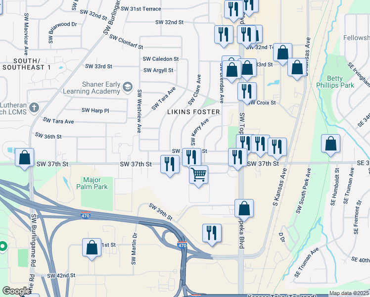 map of restaurants, bars, coffee shops, grocery stores, and more near 3644 Southwest Kirklawn Avenue in Topeka