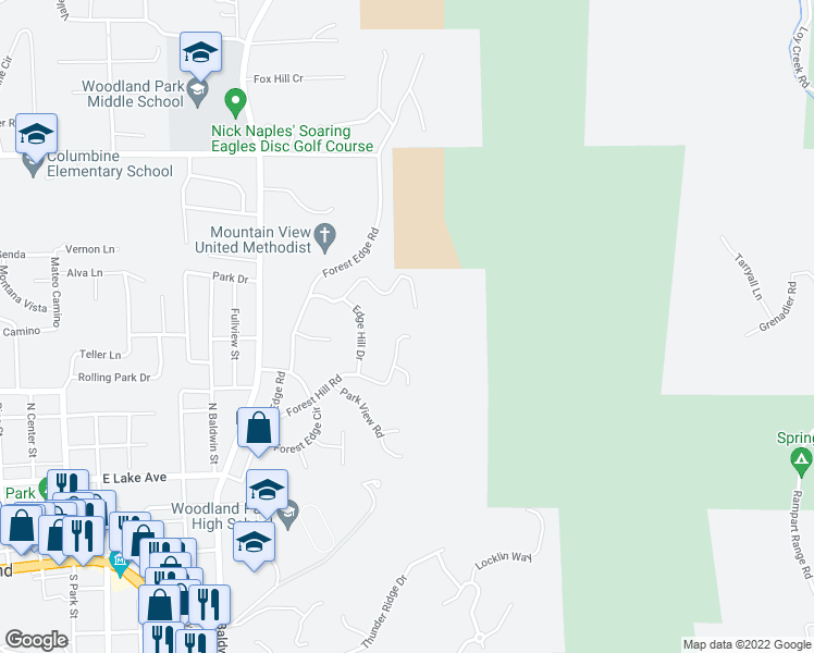 map of restaurants, bars, coffee shops, grocery stores, and more near 1168 Forest Hill Road in Woodland Park