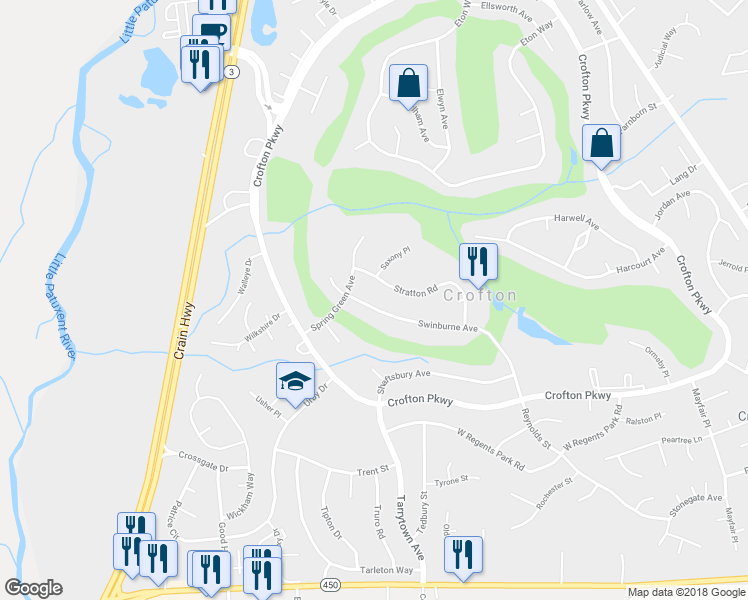 map of restaurants, bars, coffee shops, grocery stores, and more near 1713 Swinburne Avenue in Crofton