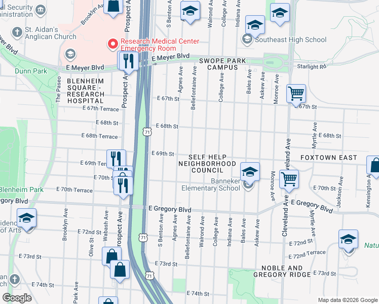 map of restaurants, bars, coffee shops, grocery stores, and more near 3016 East 69th Street in Kansas City
