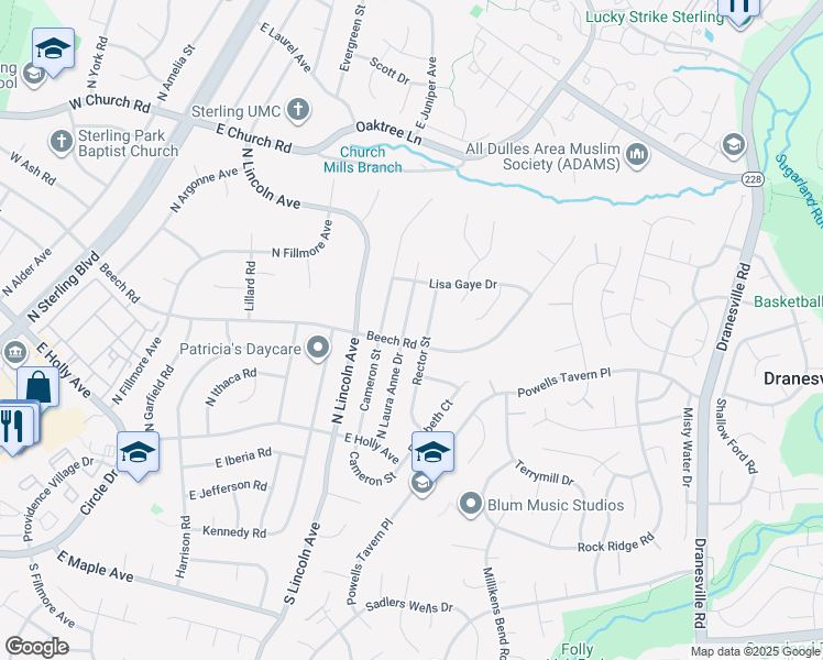 map of restaurants, bars, coffee shops, grocery stores, and more near 202 North Laura Anne Drive in Sterling