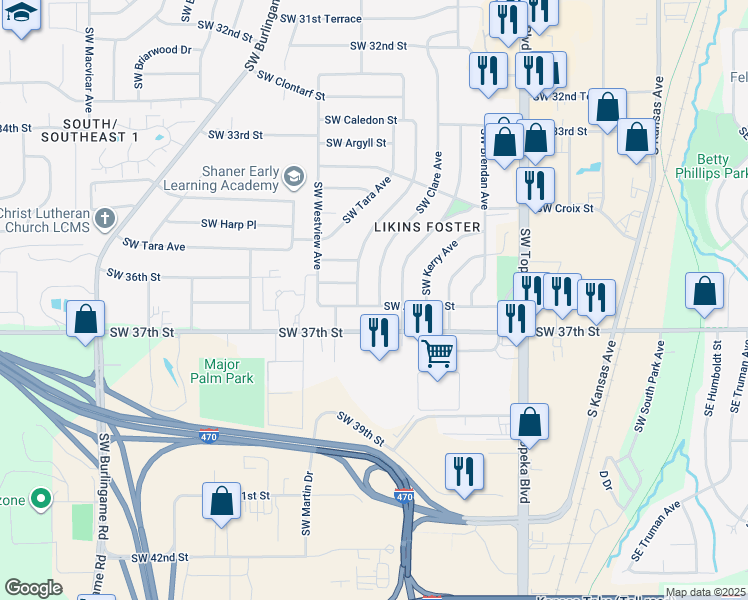 map of restaurants, bars, coffee shops, grocery stores, and more near 3643 Southwest Clare Avenue in Topeka