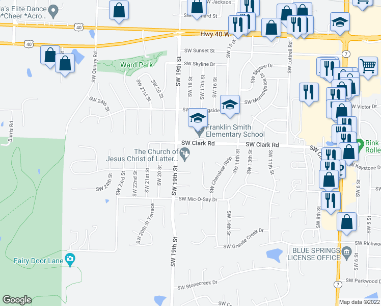 map of restaurants, bars, coffee shops, grocery stores, and more near 1804 Southwest West View Circle in Blue Springs