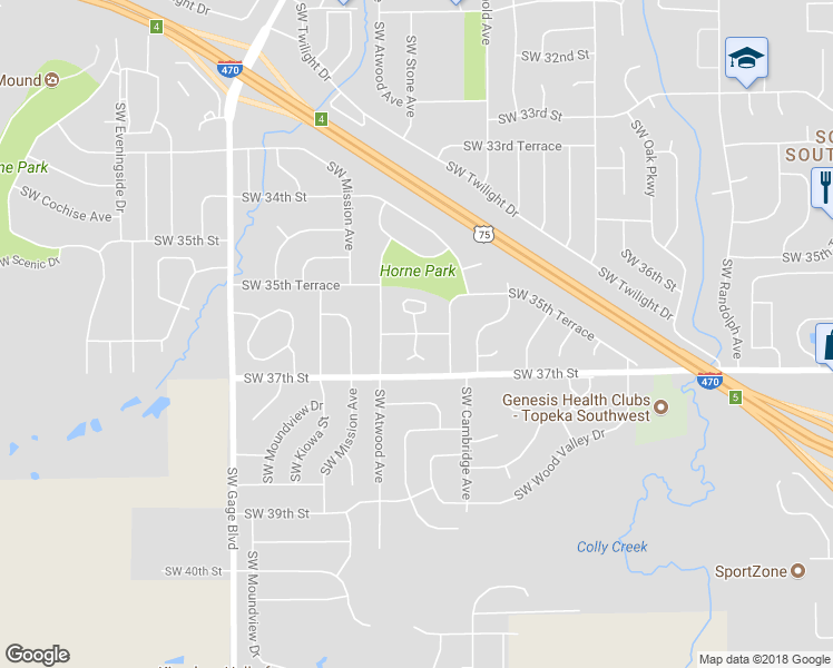 map of restaurants, bars, coffee shops, grocery stores, and more near 3600 Southwest Wesparke Lane in Topeka