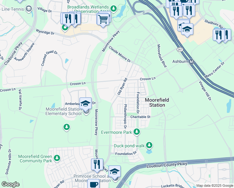 map of restaurants, bars, coffee shops, grocery stores, and more near 43346 Old Ryan Road in Ashburn