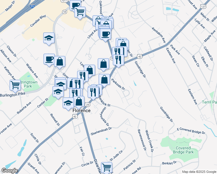 map of restaurants, bars, coffee shops, grocery stores, and more near 6843 Dixie Highway in Florence