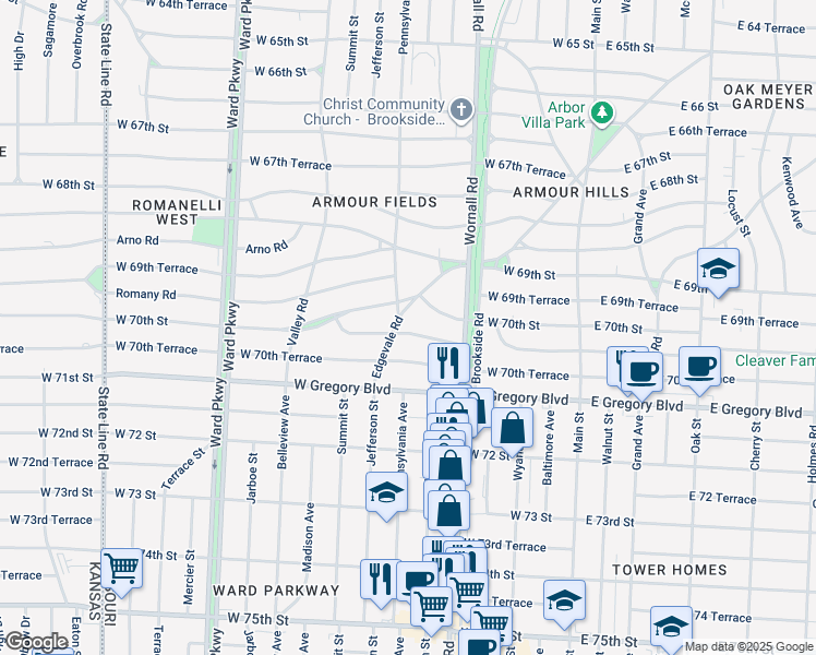 map of restaurants, bars, coffee shops, grocery stores, and more near 444 West Dartmouth Road in Kansas City