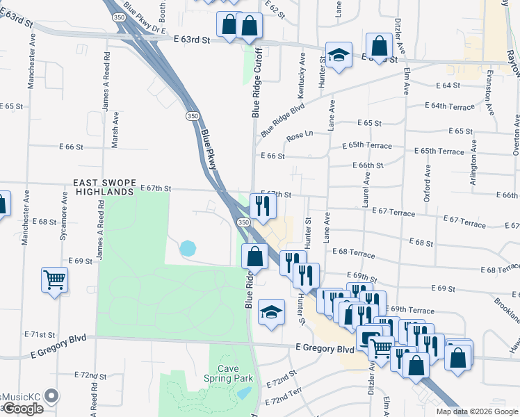 map of restaurants, bars, coffee shops, grocery stores, and more near 6705 Blue Ridge Boulevard in Raytown