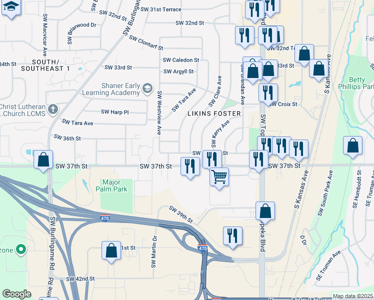 map of restaurants, bars, coffee shops, grocery stores, and more near 3643 Southwest Clare Avenue in Topeka