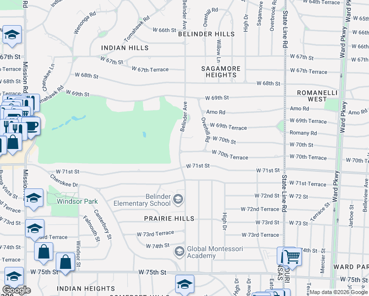 map of restaurants, bars, coffee shops, grocery stores, and more near 7020 Belinder Avenue in Mission Hills